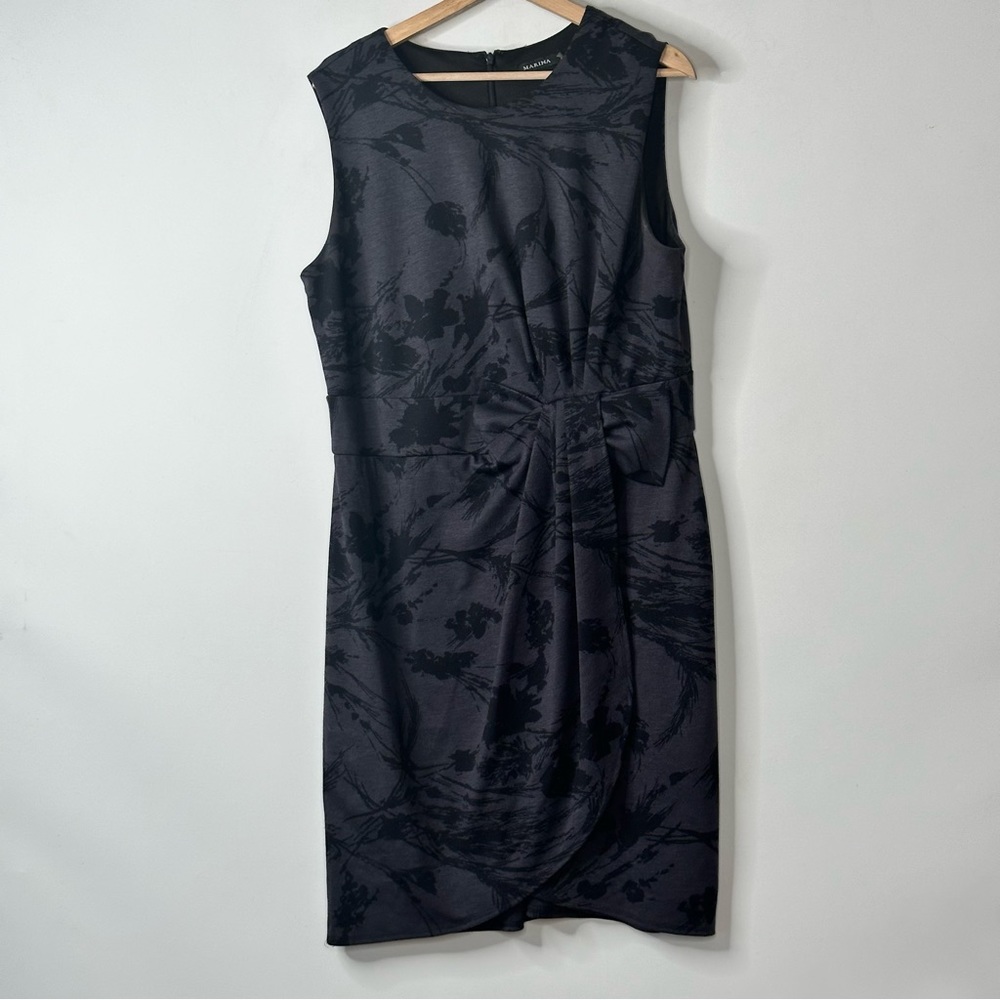 Marina Womans Size 14 Gray Black Floral Printed Dress Sleeveless Rusched Bow